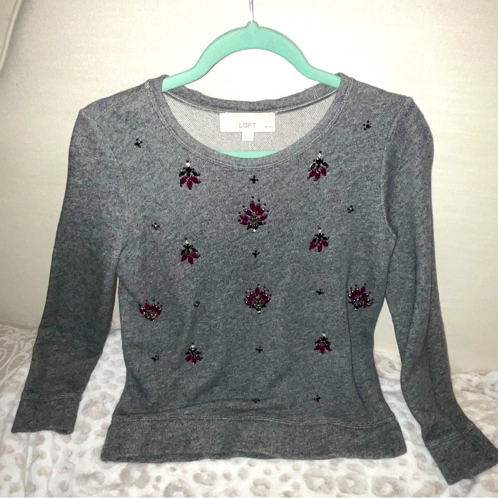 Ann Taylor loft small petite crew neck Sweater grey w/ purple amethyst gems